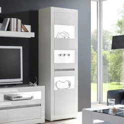 Wohnen Glasmöbel|Esszimmer-Vitrinen*Hochglanz Vitrine in Weiß mit Beton Dekor Mextra 2-türig