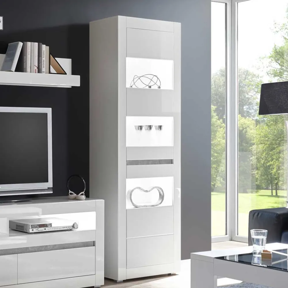 Wohnen Glasmöbel|Esszimmer-Vitrinen*Hochglanz Vitrine in Weiß mit Beton Dekor Mextra 2-türig