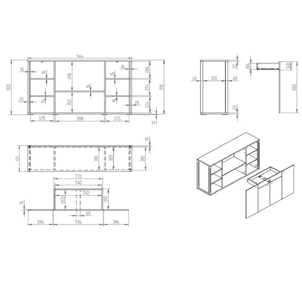 Wohnen Hohes Sideboard in Grau & Anthrazit - Ridona