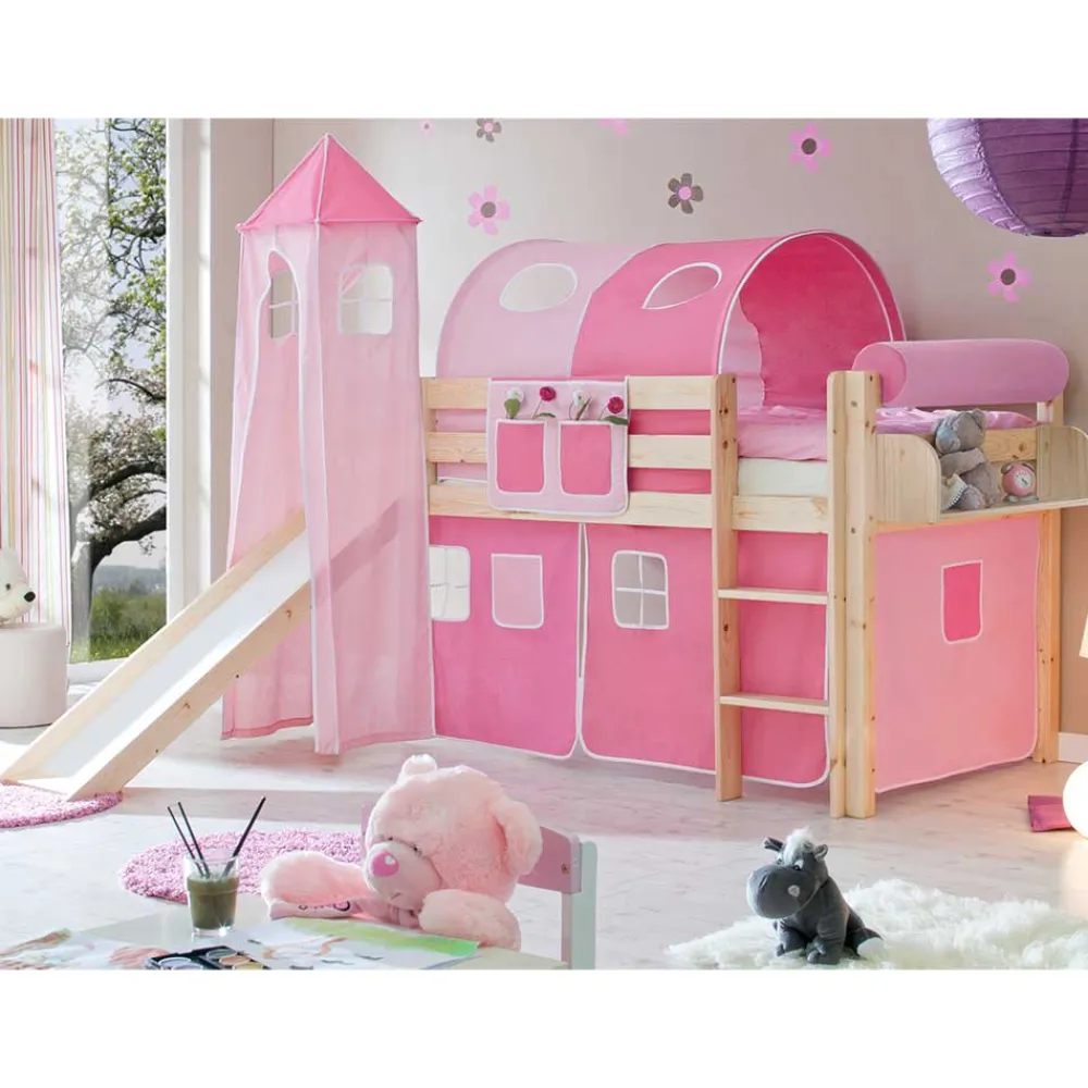 Kinder Wohnen Hohes Spielbett in Natur & Rosa & Pink - Liza