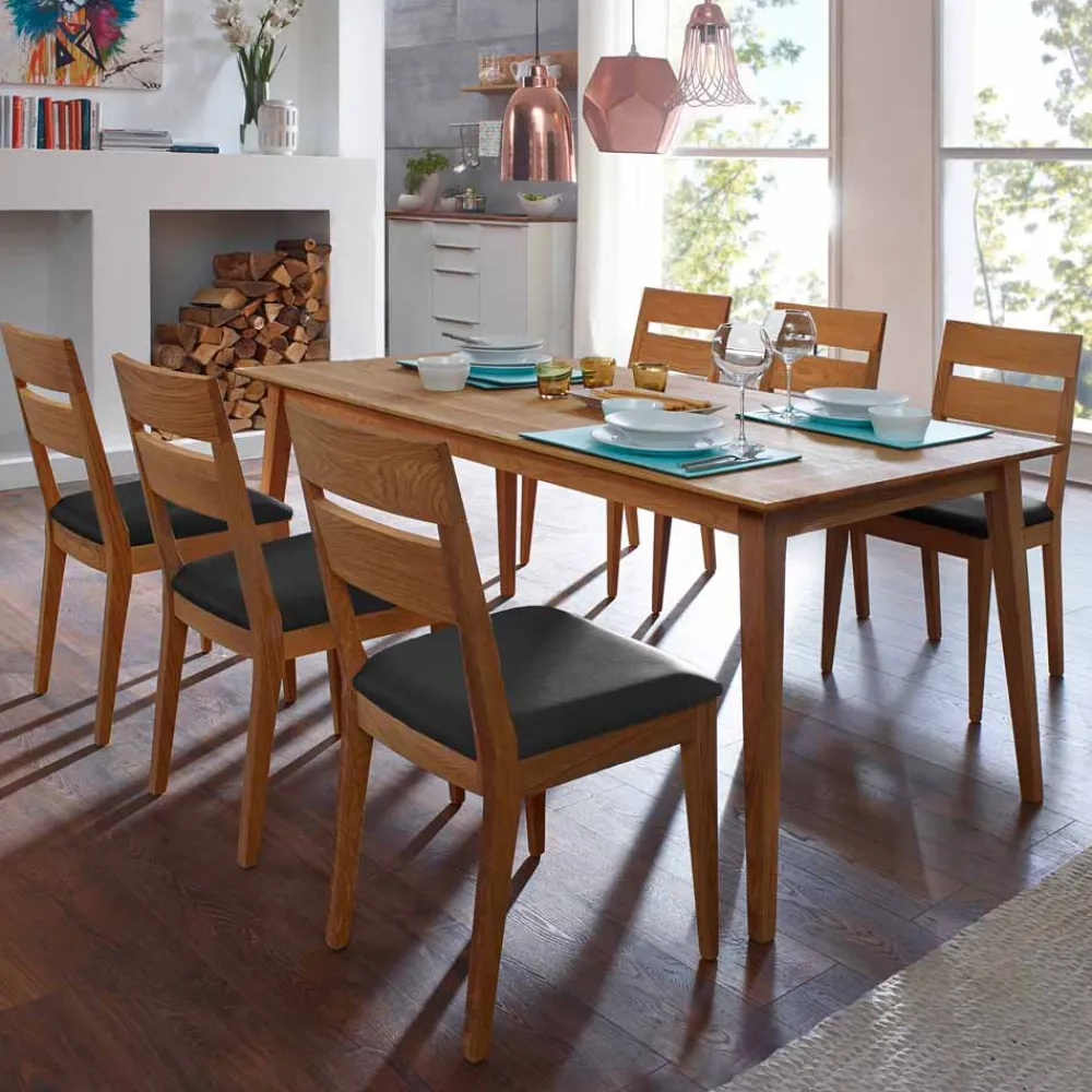 Wohnen Holz Esstisch mit Stühlen Likes aus Wildeiche massiv (siebenteilig)