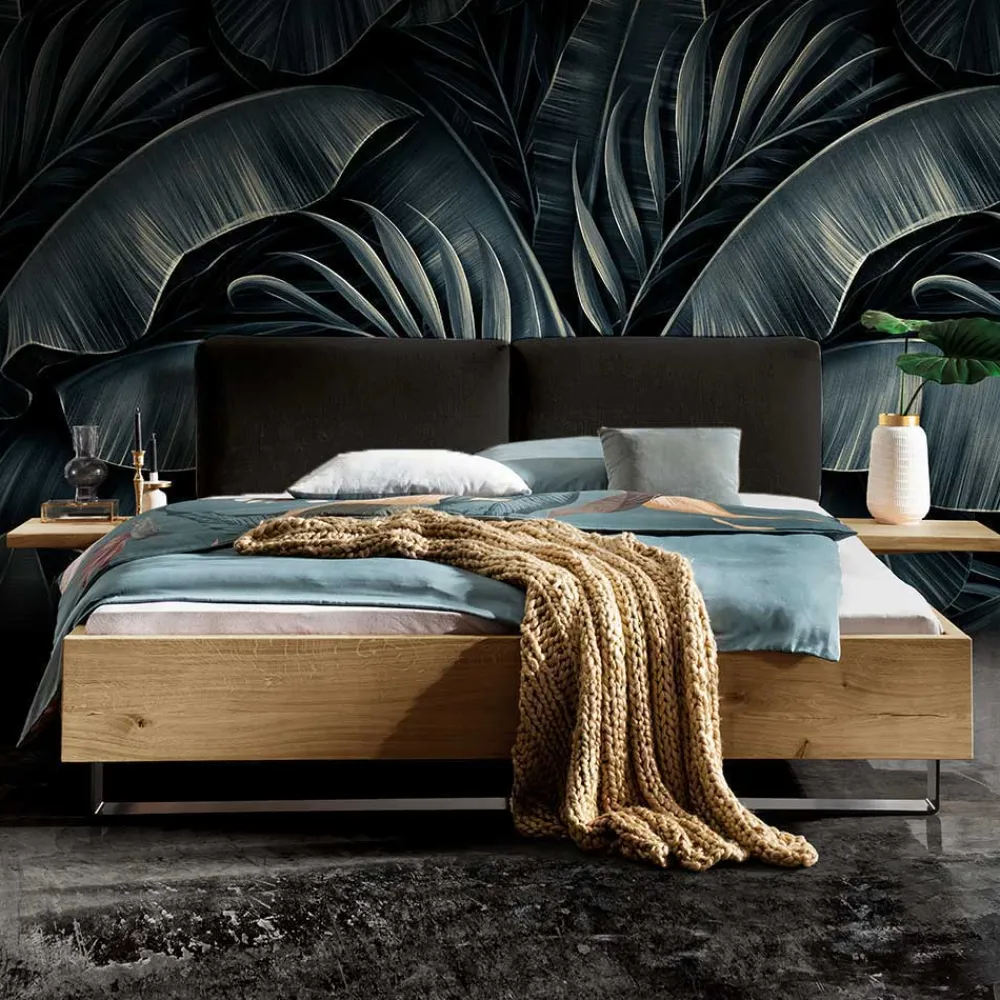 Wohnen Holzbett mit Chenille Kopfteil & Nachttische - Nadescha (dreiteilig)