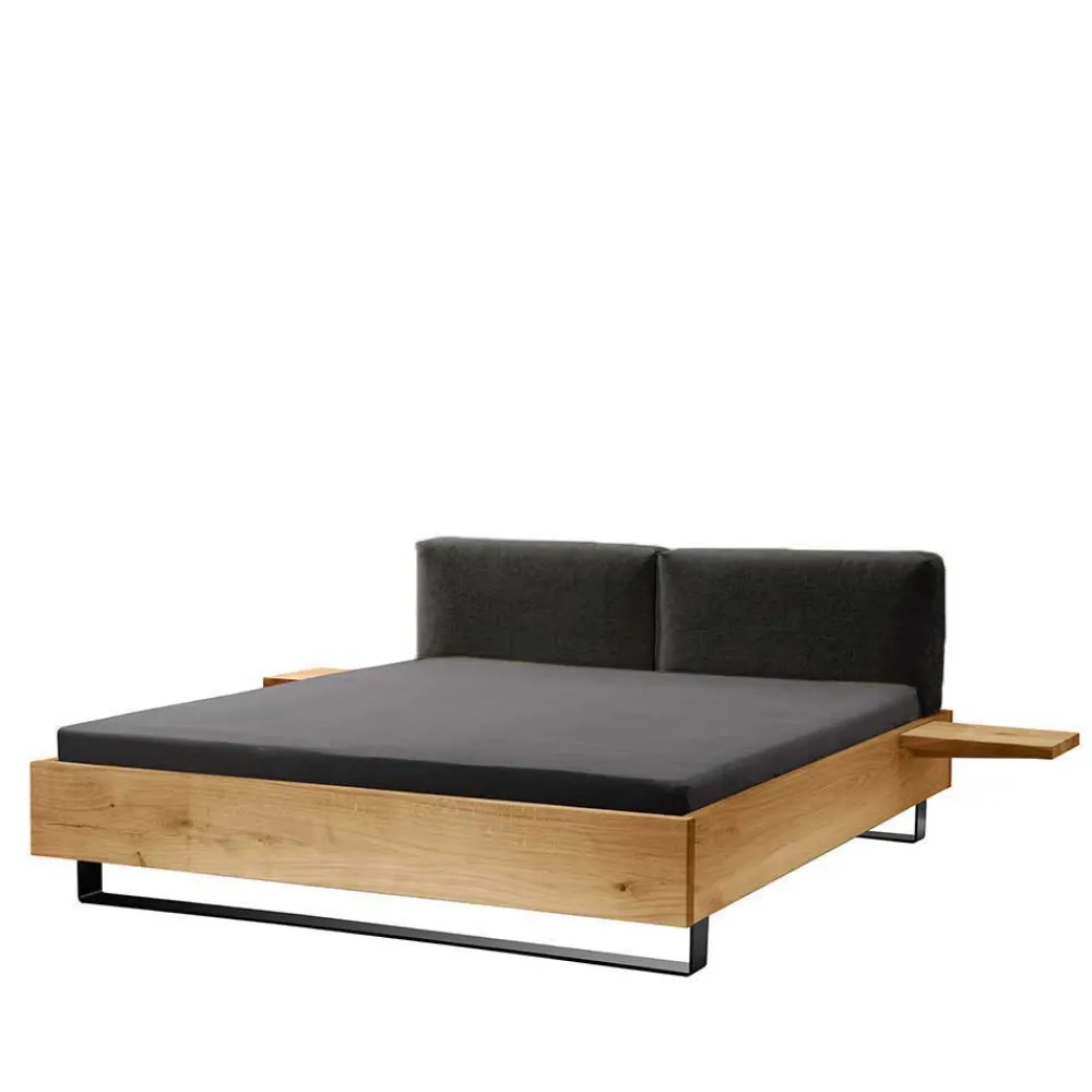 Wohnen Holzbett mit Chenille Kopfteil & Nachttische - Nadescha (dreiteilig)