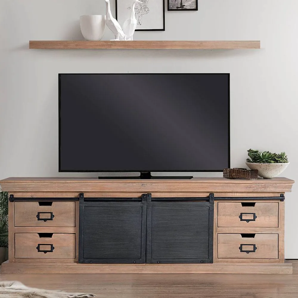 Wohnen Schwarze Möbel|Loft Möbel*Industrial Chic TV Lowboard mit Schiebetüren - Jantonia