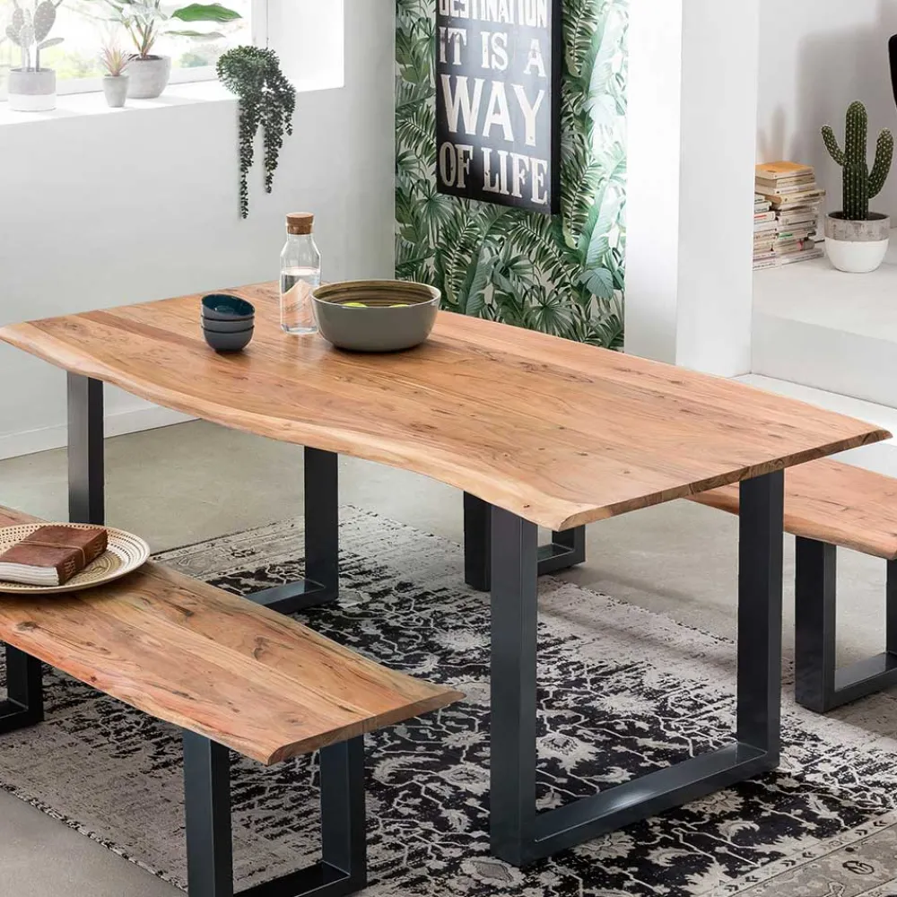 Wohnen Schwarze Möbel|Naturholzmöbel*Industrial Esstisch mit Baumkante Akazie - Hovalta