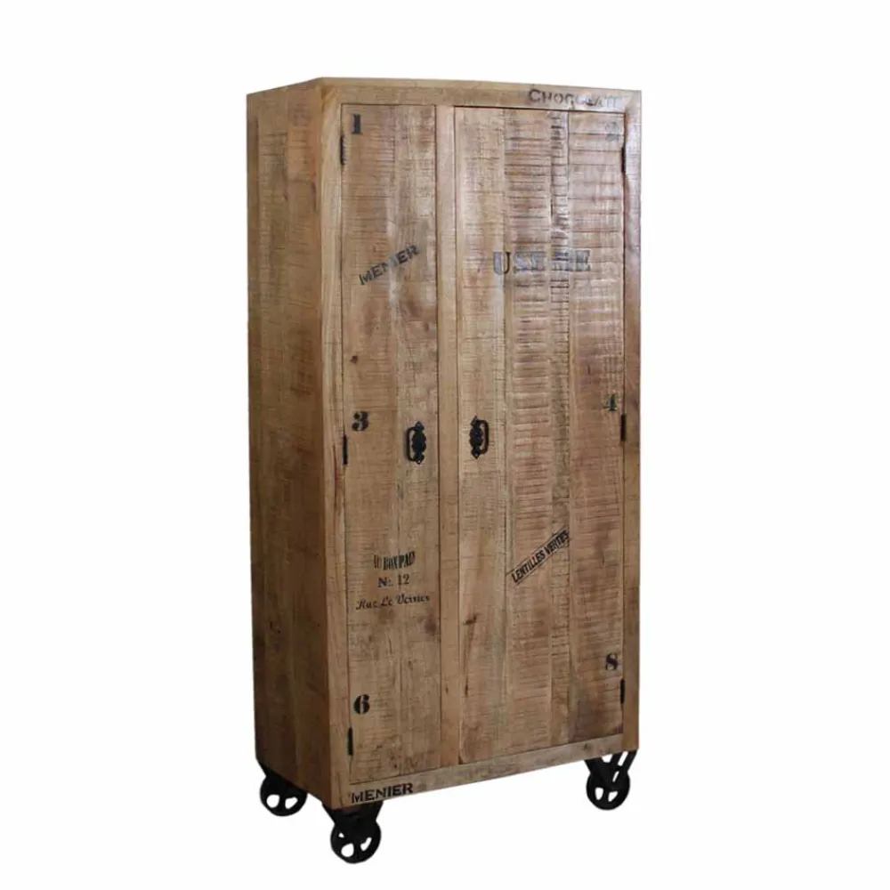 Wohnen Designermöbel*Industry Dielenschrank Indri aus Holz rustikal mit Schrift-Drucken