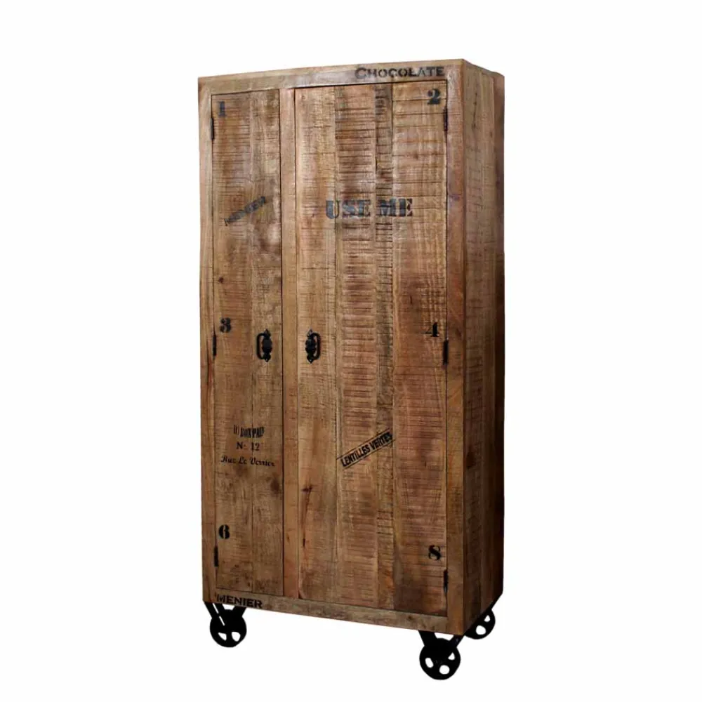 Wohnen Designermöbel*Industry Dielenschrank Indri aus Holz rustikal mit Schrift-Drucken