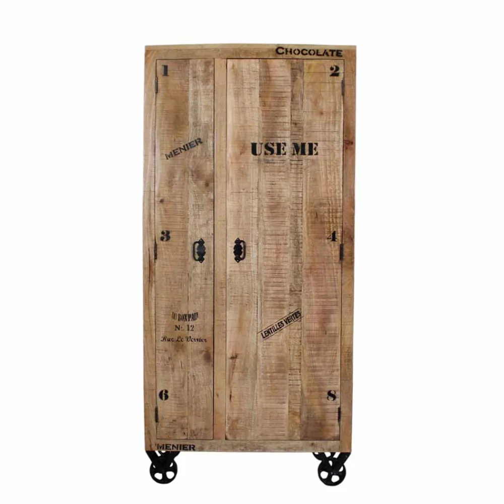 Wohnen Designermöbel*Industry Dielenschrank Indri aus Holz rustikal mit Schrift-Drucken