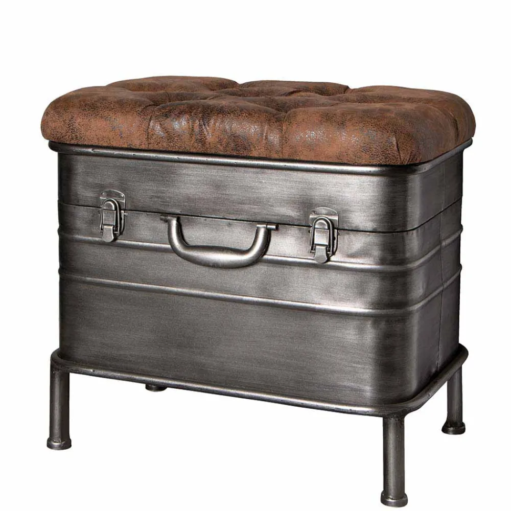 Wohnen Sitzbank*Industry Truhenbank aus Stahl Uladan mit Kunstleder Polster Braun