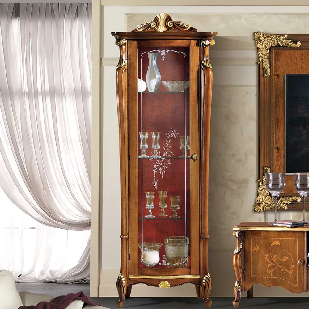 Wohnen Italienische Möbel|Esszimmer-Vitrinen*Italienische Vitrine in Nussbaum & Gold & Rot - Carlenna I