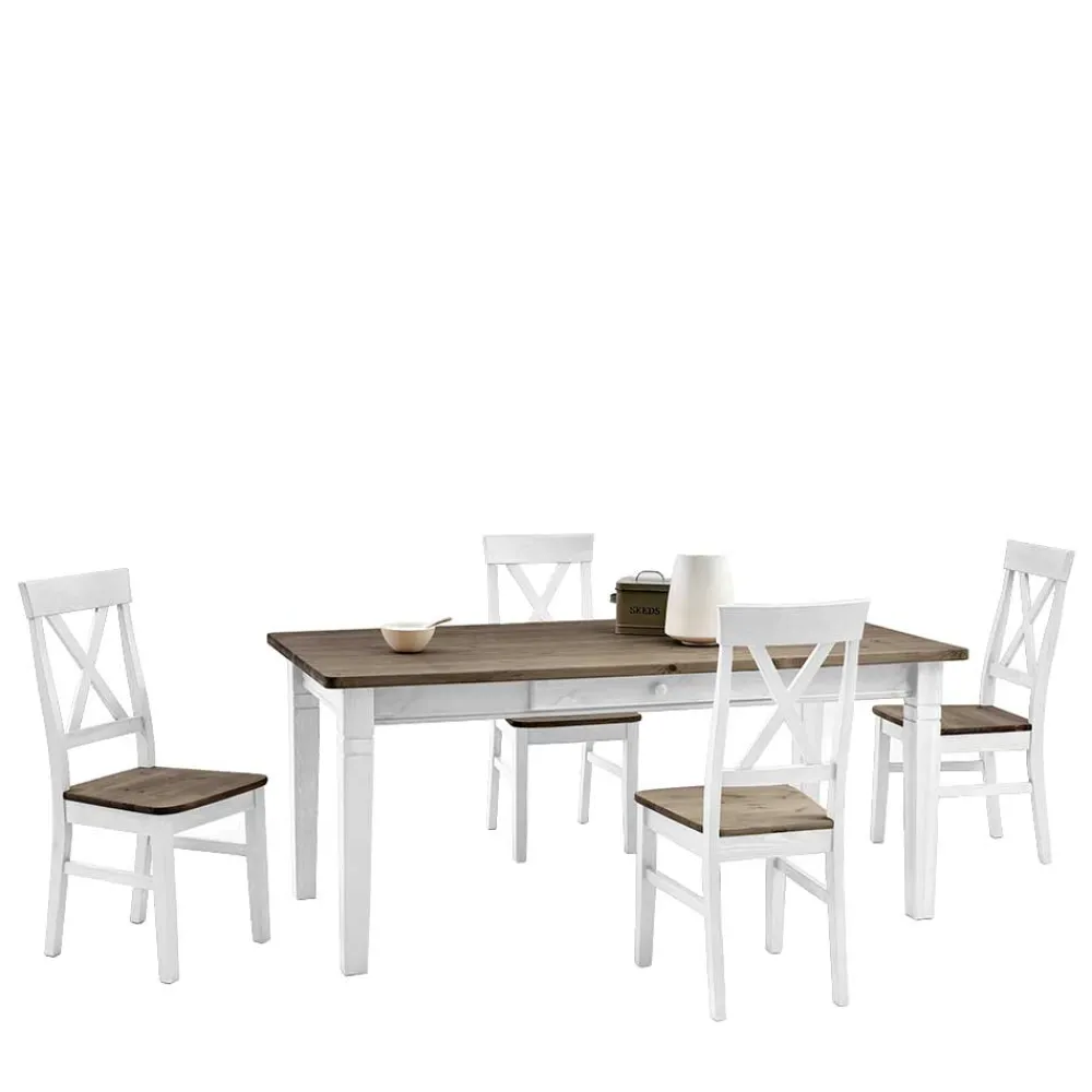 Wohnen Sitzgruppe*Kiefer Esstischgruppe Yoan in Weiß Grau (fünfteilig)