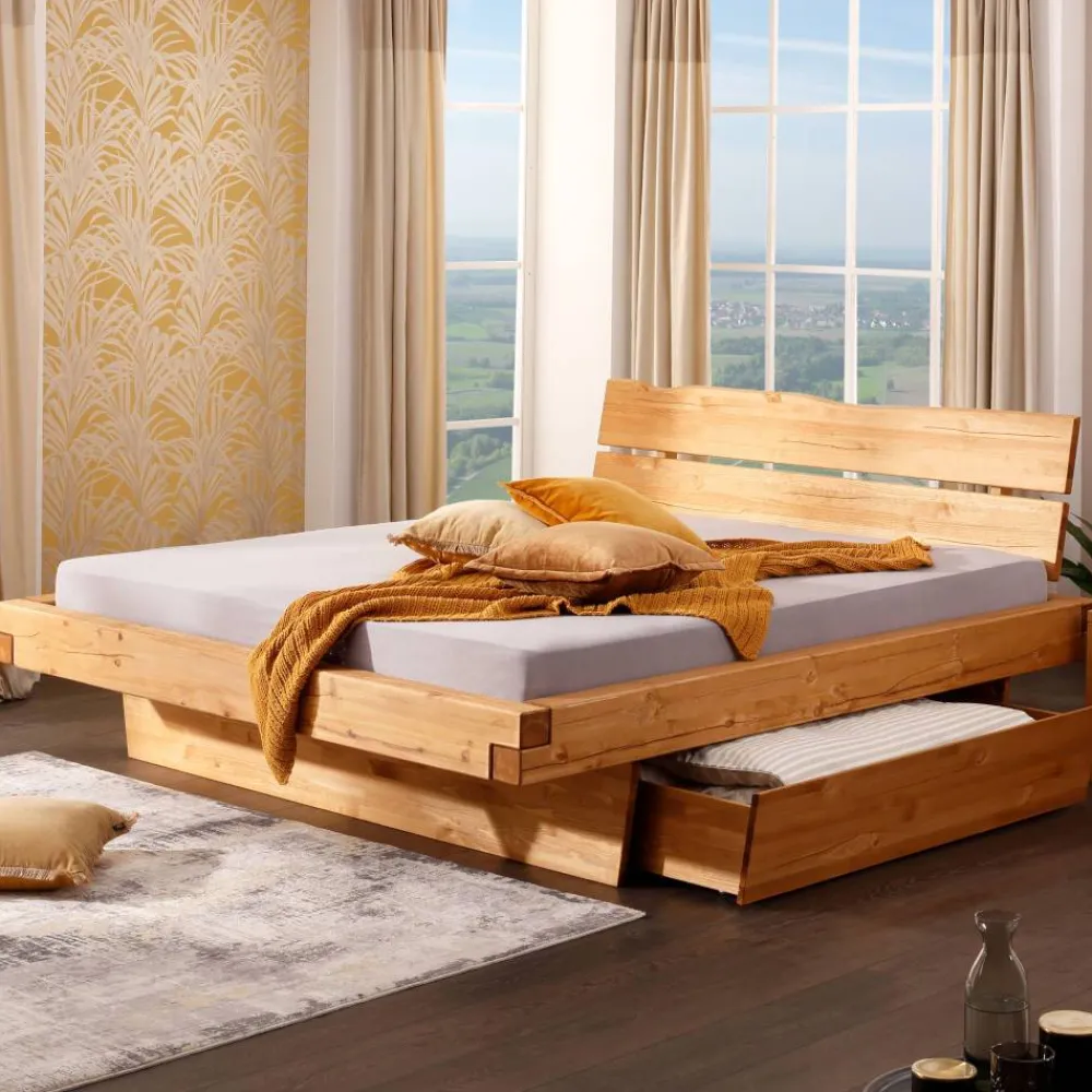 Wohnen Kiefernholz Balkenbett in Eichefarben - Kalastania