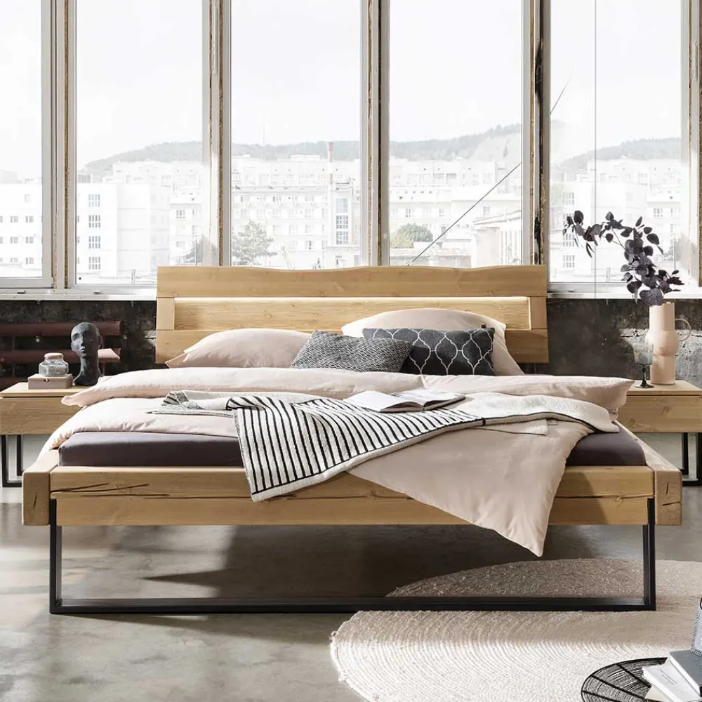 Wohnen Loft Möbel|Industrial Möbel*Kiefernholz Balkenbett mit LED Licht - Antina
