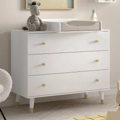Kinder Wohnen Kommode mit Wickelaufsatz in Weiß mit Gold - Zimventa
