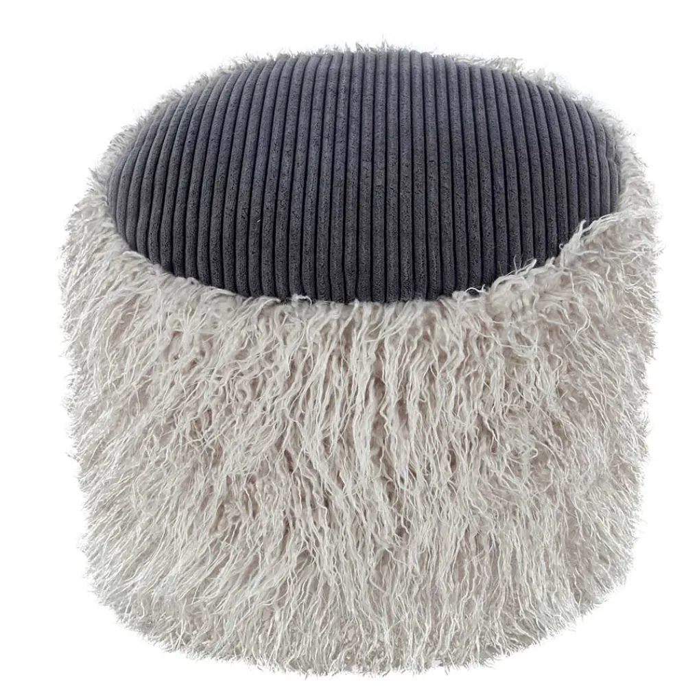 Wohnen Graue Möbel|Retro Möbel*Kunstfell Pouf in Hellgrau mit Cord Dunkelgrau - Valbera