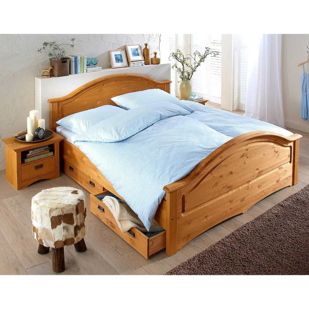 Wohnen Jugendbetten*Landhaus Doppelbett Set in Kiefer - Vocoja (dreiteilig)