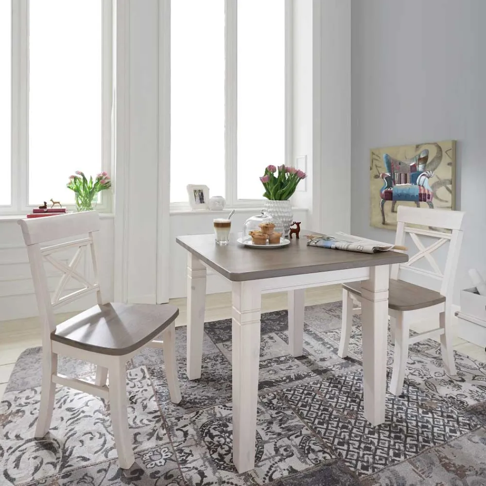 Wohnen Sitzgruppe|Küchen-Essgruppen*Landhaus Esszimmermöbel Yoan in Weiß-Grau (dreiteilig)