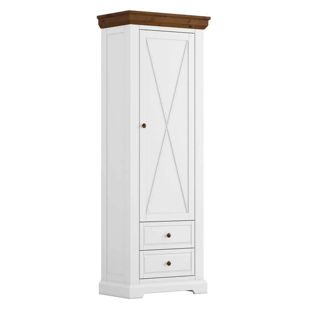 Wohnen Garderobenschränke*Landhaus Garderobenschrank in Weiß mit Braun - Zalya