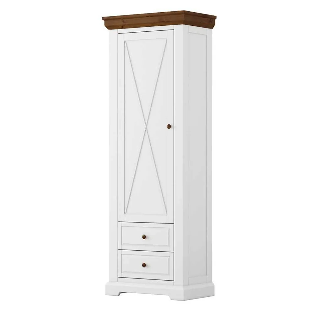 Wohnen Garderobenschränke*Landhaus Garderobenschrank in Weiß mit Braun - Zalya