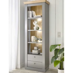 Wohnen Vitrinen|Wohnzimmer-Vitrinen*Landhaus Regal in Lichtgrau & Eiche NB - Buleta