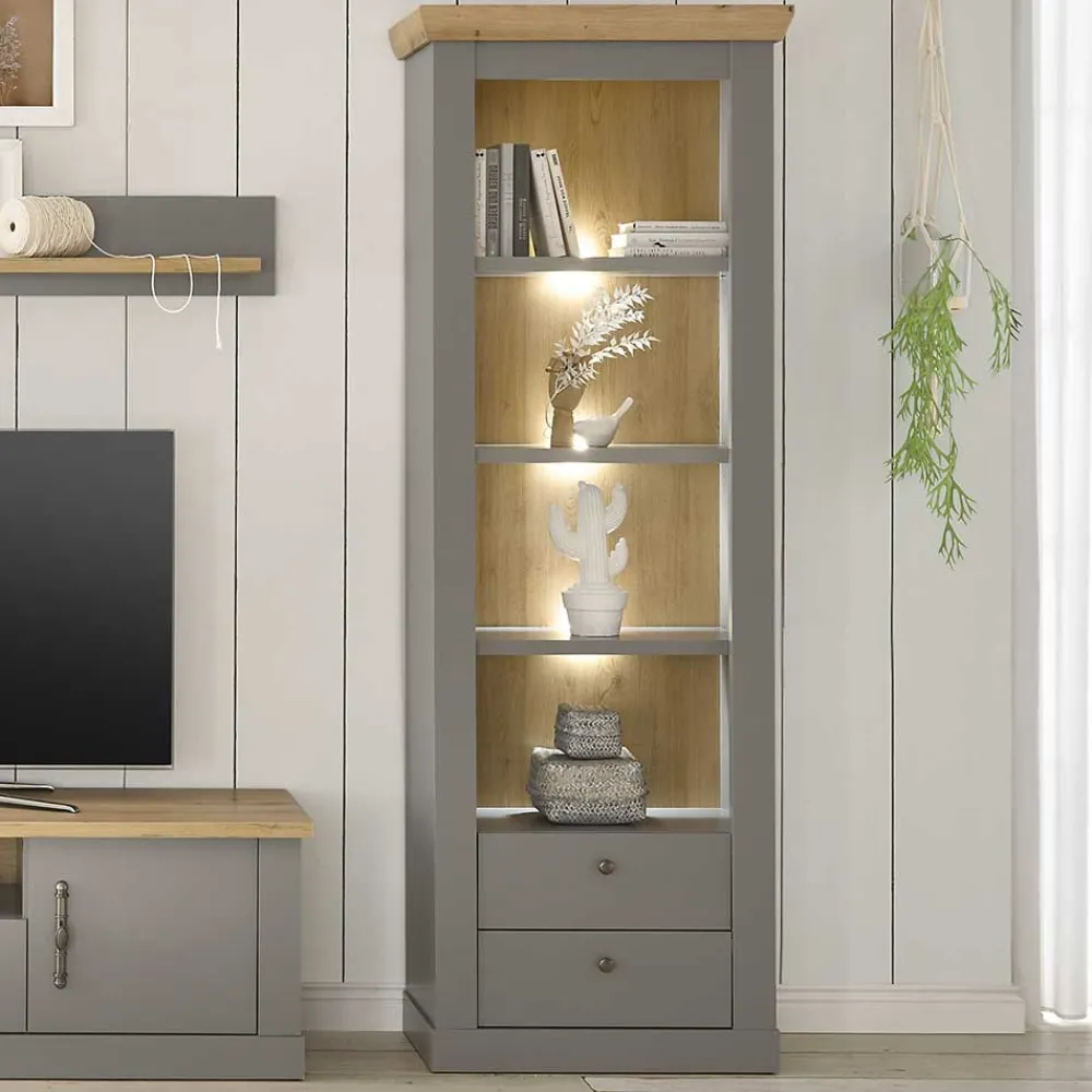 Wohnen Vitrinen|Wohnzimmer-Vitrinen*Landhaus Regal in Lichtgrau & Eiche NB - Buleta