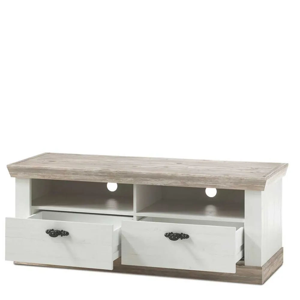 Wohnen Landhausmöbel|Tv & Hifi-Möbel*Landhaus TV Element in Weiß & Pinie Shabby Nedita mit 2 Schubladen
