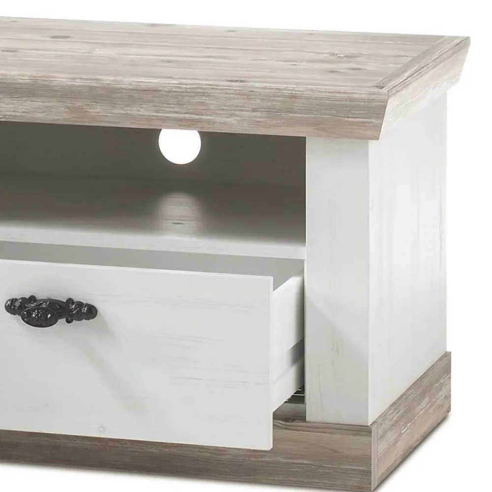 Wohnen Landhausmöbel|Tv & Hifi-Möbel*Landhaus TV Element in Weiß & Pinie Shabby Nedita mit 2 Schubladen