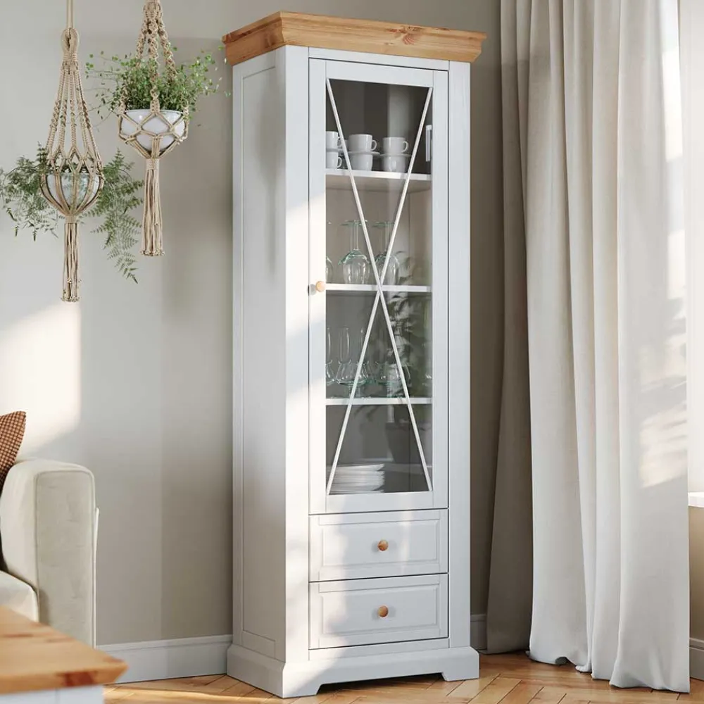 Wohnen Landhaus Vitrine in Weiß & Kiefer Natur - Saluts