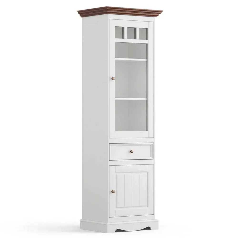 Wohnen Landhaus Vitrine in Weiß mit Nussbaum Braun - Manipur