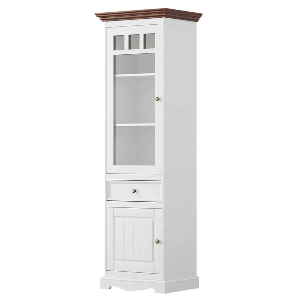Wohnen Landhaus Vitrine in Weiß mit Nussbaum Braun - Manipur