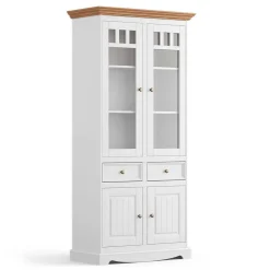 Wohnen Massivholzmöbel|Esszimmer-Vitrinen*Landhaus Vitrine in Weiß und Eiche - Bordona