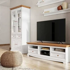 Wohnen Massivholzmöbel|Esszimmer-Vitrinen*Landhaus Vitrine in Weiß und Eiche - Bordona