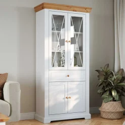 Wohnen Vitrinen|Wohnzimmer-Vitrinen*Landhaus Vitrinenschrank in Weiß & Natur Kiefer - Saluts
