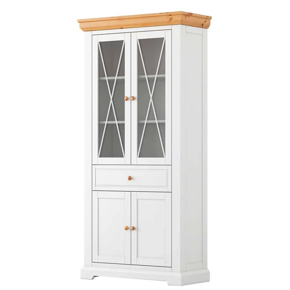 Wohnen Vitrinen|Wohnzimmer-Vitrinen*Landhaus Vitrinenschrank in Weiß & Natur Kiefer - Saluts