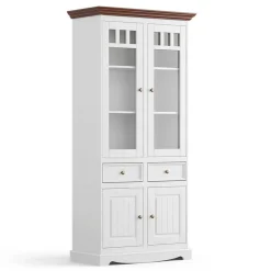 Wohnen Esszimmer-Vitrinen|Vitrinen*Landhaus Vitrinenschrank in Weiß mit Nussbaum - Manipur