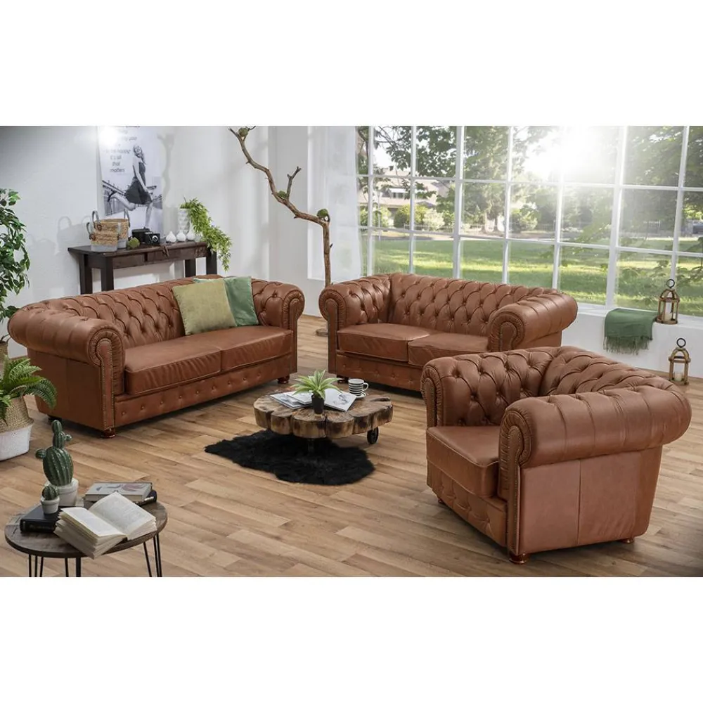 Wohnen Leder Polstergarnitur Chesterfield - Gonron (dreiteilig)