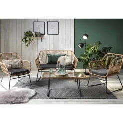 Wohnen Lounge Sitzgruppe aus Geflecht in Beige - Renzo (vierteilig)