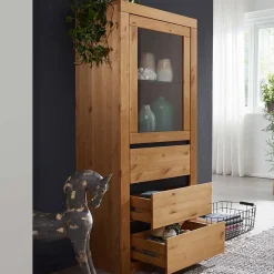 Wohnen Vitrinen|Wohnzimmer-Vitrinen*Massiver Kiefernholz Schrank mit Glastür - Filedria