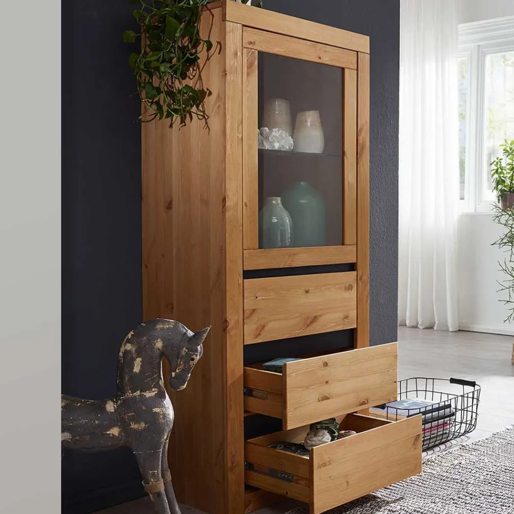 Wohnen Vitrinen|Wohnzimmer-Vitrinen*Massiver Kiefernholz Schrank mit Glastür - Filedria