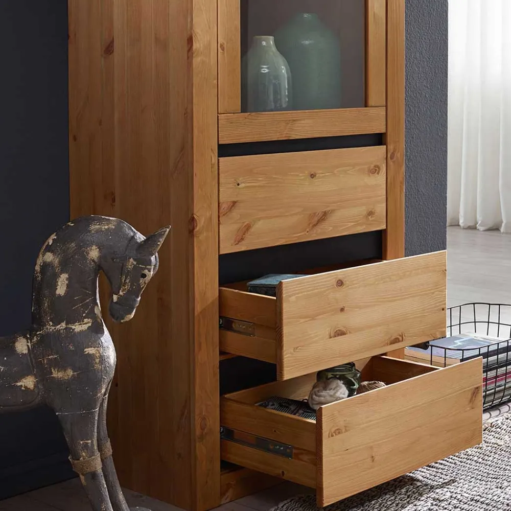 Wohnen Vitrinen|Wohnzimmer-Vitrinen*Massiver Kiefernholz Schrank mit Glastür - Filedria