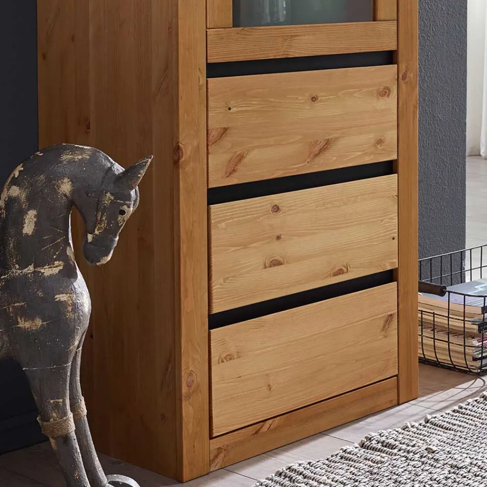 Wohnen Vitrinen|Wohnzimmer-Vitrinen*Massiver Kiefernholz Schrank mit Glastür - Filedria