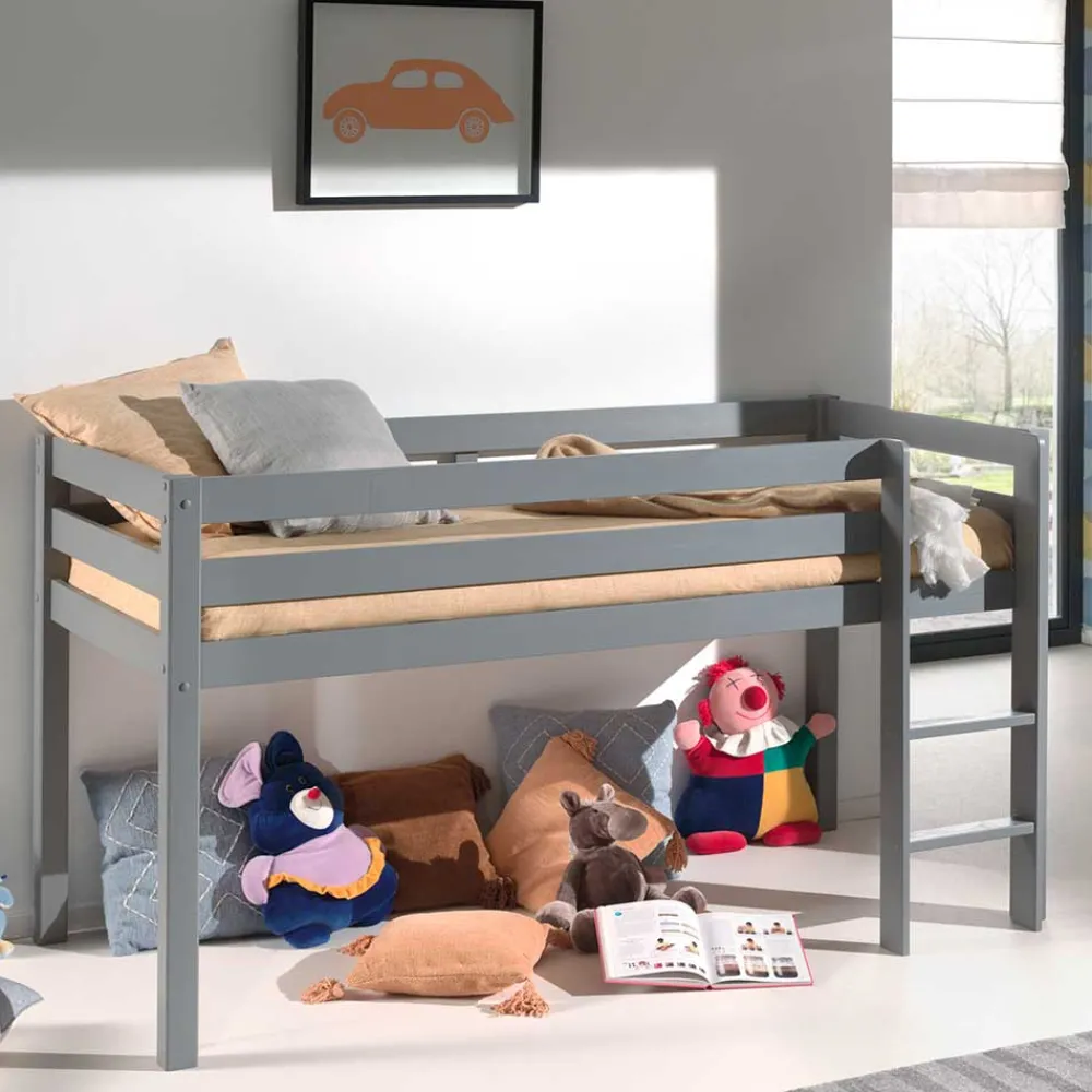 Kinder Wohnen Massives Kinderhochbett in Grau lackiert - Niilo