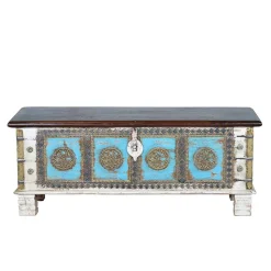 Wohnen Massivholztruhe in Antikweiß mit Blau Bronze Braun - Eskuladra