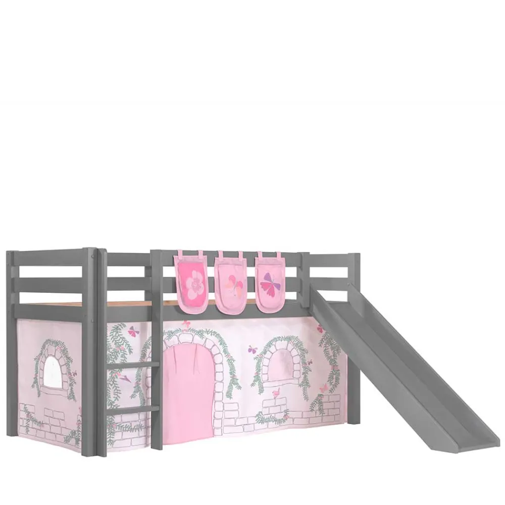 Kinder Wohnen Mädchen Rutschbett in Grau mit Vorhang - Constanza