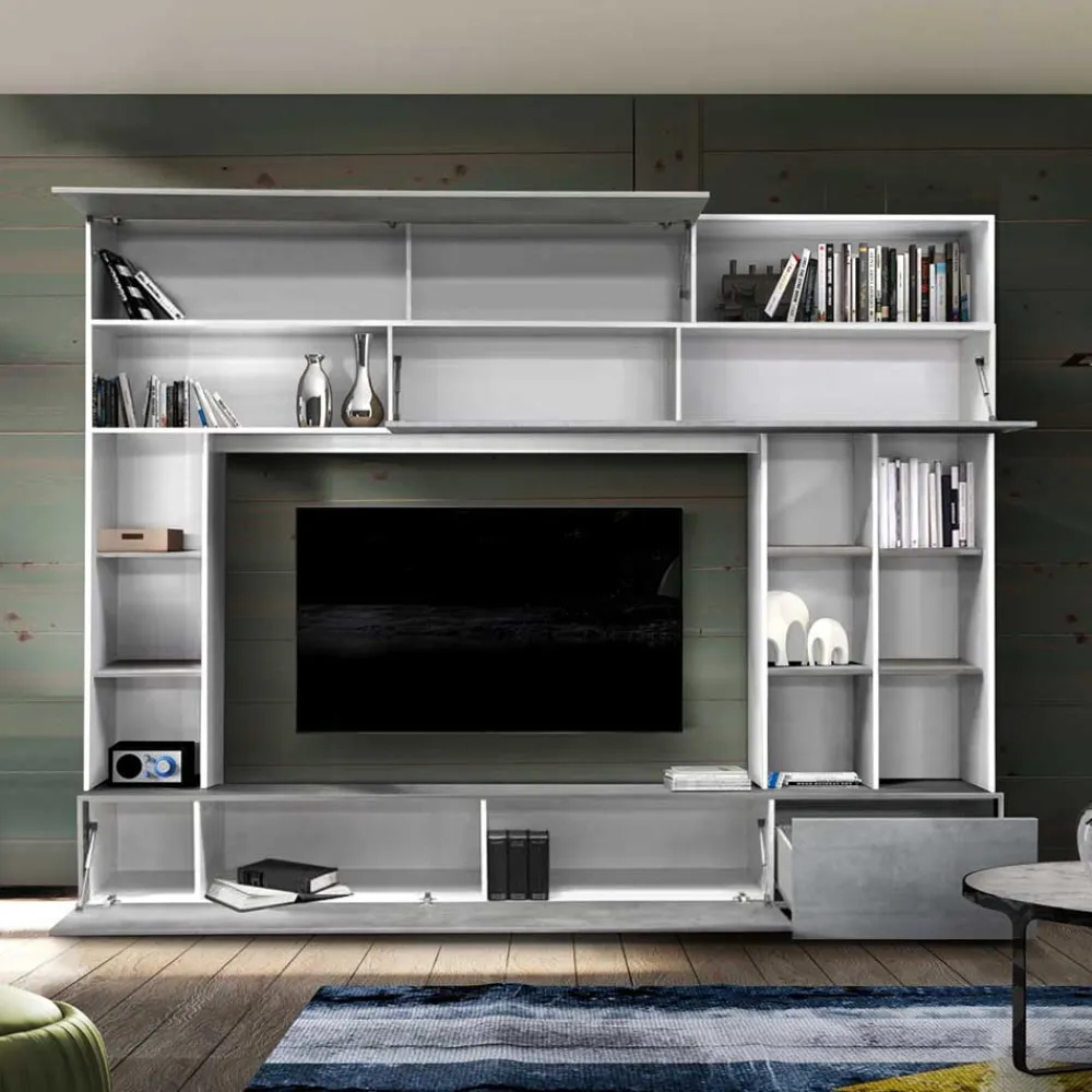 Wohnen Tv & Hifi-Möbel|Tv & Hifi-Möbel*Mediawand für Fernseher in Weiß & Beton Dekor - Fancy