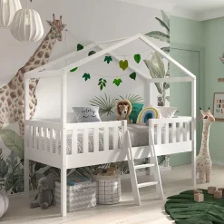 Kinder Wohnen Midi Hochbett im Haus Design in Weiß - Rumona