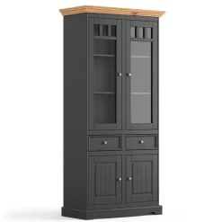 Wohnen Massivholzmöbel|Esszimmer-Vitrinen*Modern Country Vitrinenschrank in Grau & Kiefer - Eromsia