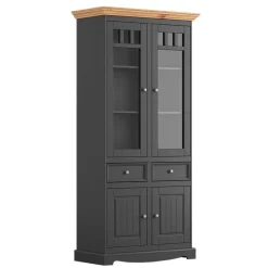 Wohnen Massivholzmöbel|Esszimmer-Vitrinen*Modern Country Vitrinenschrank in Grau & Kiefer - Eromsia