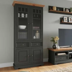 Wohnen Massivholzmöbel|Esszimmer-Vitrinen*Modern Country Vitrinenschrank in Grau & Kiefer - Eromsia