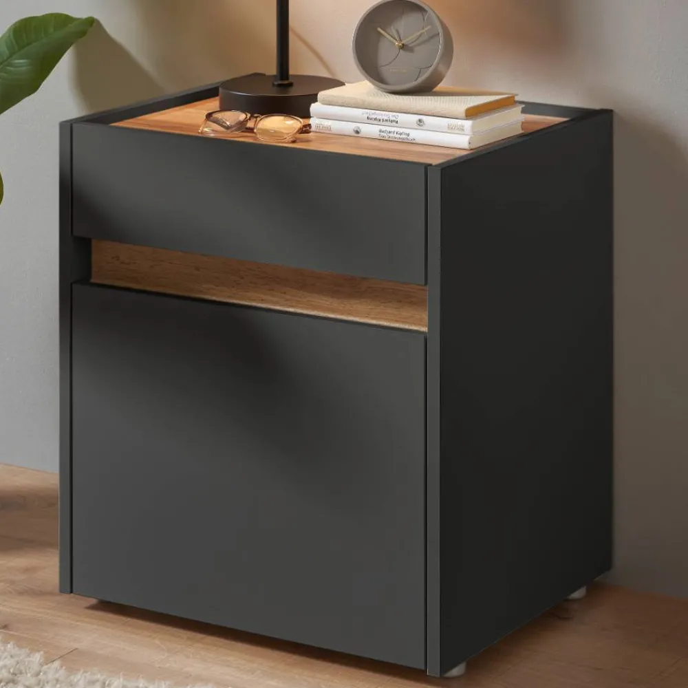 Wohnen Graue Möbel|Nachttische*Nachtschrank in Anthrazit und Wildeiche Dekor - Ahilav